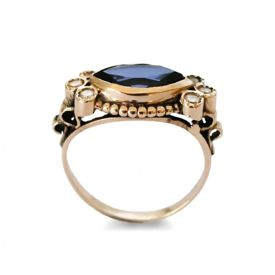 زفاف - Blue Sapphire Oval Gold ring, Sapphire Corundum, September birthstone, 14k Rose Gold, Statement ring, Large engagement Marquise ring,  Sale