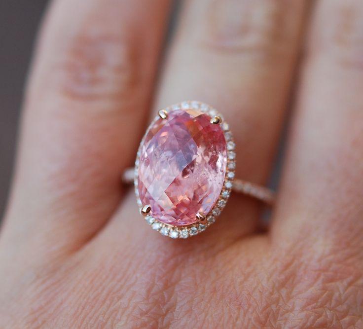 زفاف - Padparadscha Sapphire Ring 14k Rose Gold Diamond 10.3ct Oval Peach Sapphire Engagement Ring
