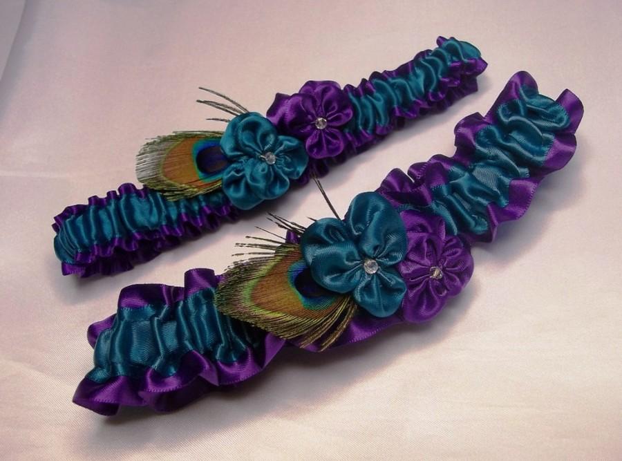زفاف - Wedding  Bridal Garter Set - Violets in Purple and Teal with Peacock Feathers