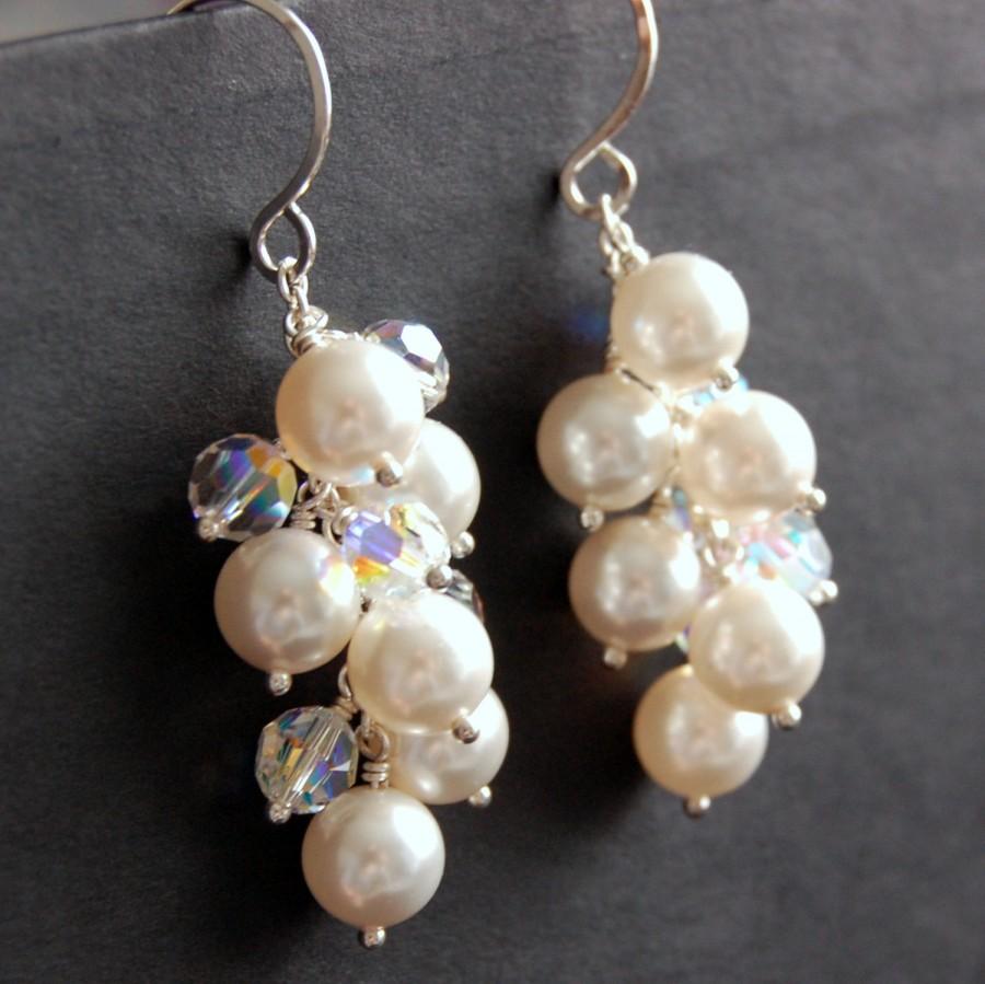 Mariage - Bridal Earrings, White Pearl and Swarovski Crystal Cluster Earrings, Clear Aurora Borealis Crystal Earrings, Sterling Silver Earwires