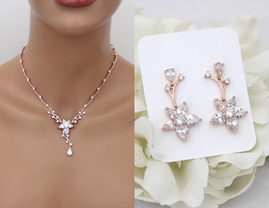 زفاف - Crystal Bridal necklace set, Rose Gold necklace, Wedding jewelry set, Rose gold earrings, Crystal necklace, Bridesmaid jewelry set, Zirconia