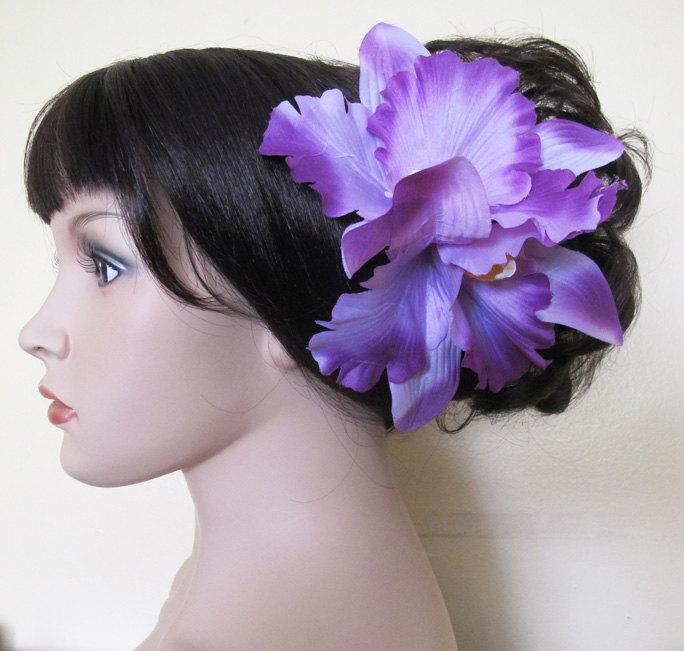 Wedding - Hawaiian Violet Two Orchids hair flower clip 6.5" x 6"