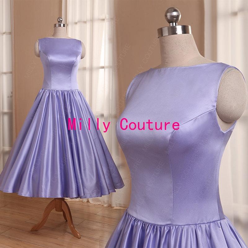 Mariage - Modest bridesmaid dress lavender, 1950s bridesmaid dress, tea length vintage high neck bridesmaid dress, Audrey Hepburn bridesmaid dress