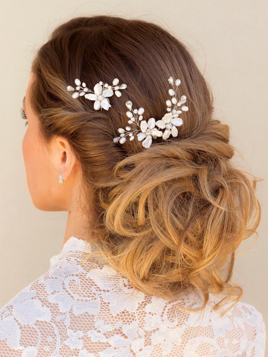 زفاف - Hand Beaded Pearl Flower Hair Pin, Freshwater Pearl Hair Pin, Bridal Hairpins, Wedding Hair Pins, Flower Hairpins ~ "Marisol" Set of Two