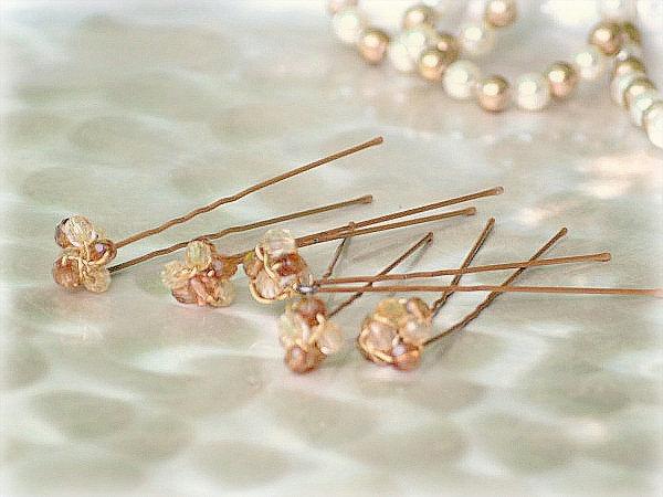 Mariage - Citrine 5 Pins Set. Spring Couture Gift. Rust Beaded Wire Wrap. Sophisticated Modern Holidays. Bride Bridal Bridesmaid, Gold Golden Tan Bead