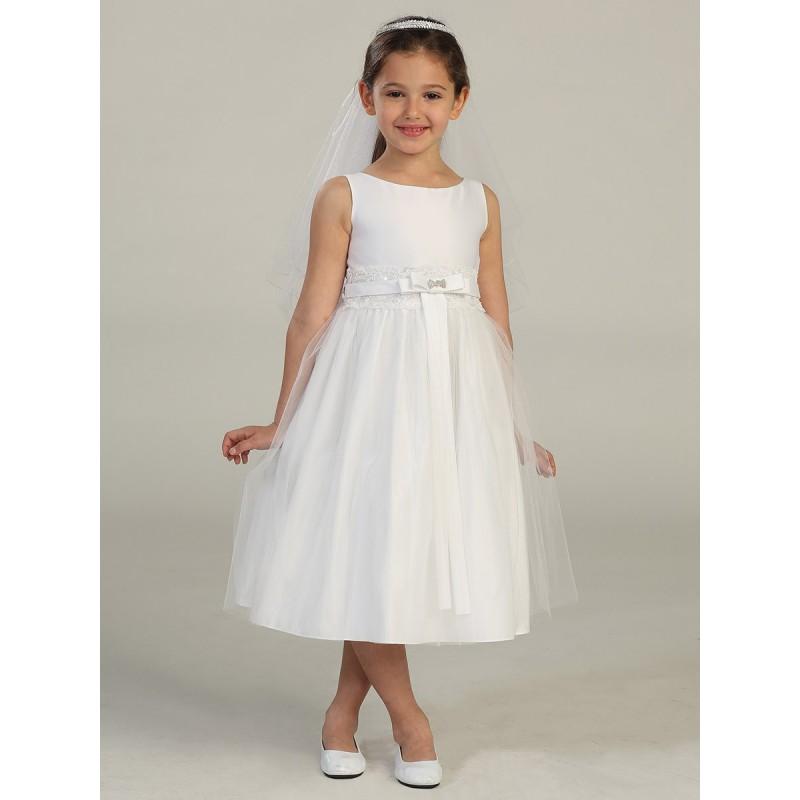 Mariage - White Satin Bodice Communion Dress w/ Lace Waist & Tulle Skirt Style: DSK409 - Charming Wedding Party Dresses