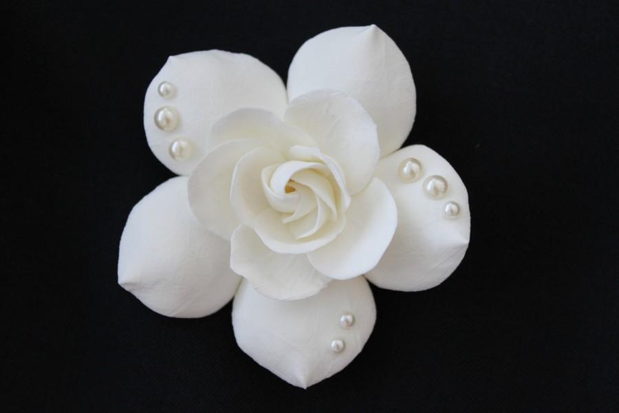 زفاف - Ivory Gardenia Hair Flower with SW pearls