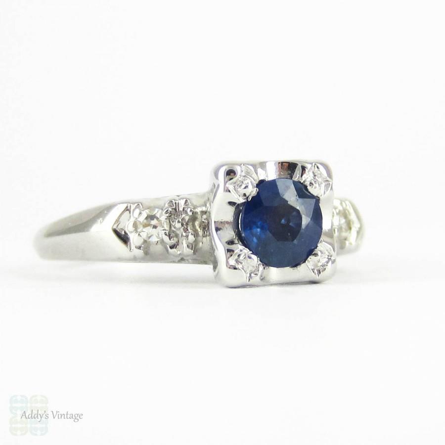 زفاف - Vintage Sapphire & Diamond Engagement Ring, Circa 1940s Three Stone Ring in 14 Carat White Gold.