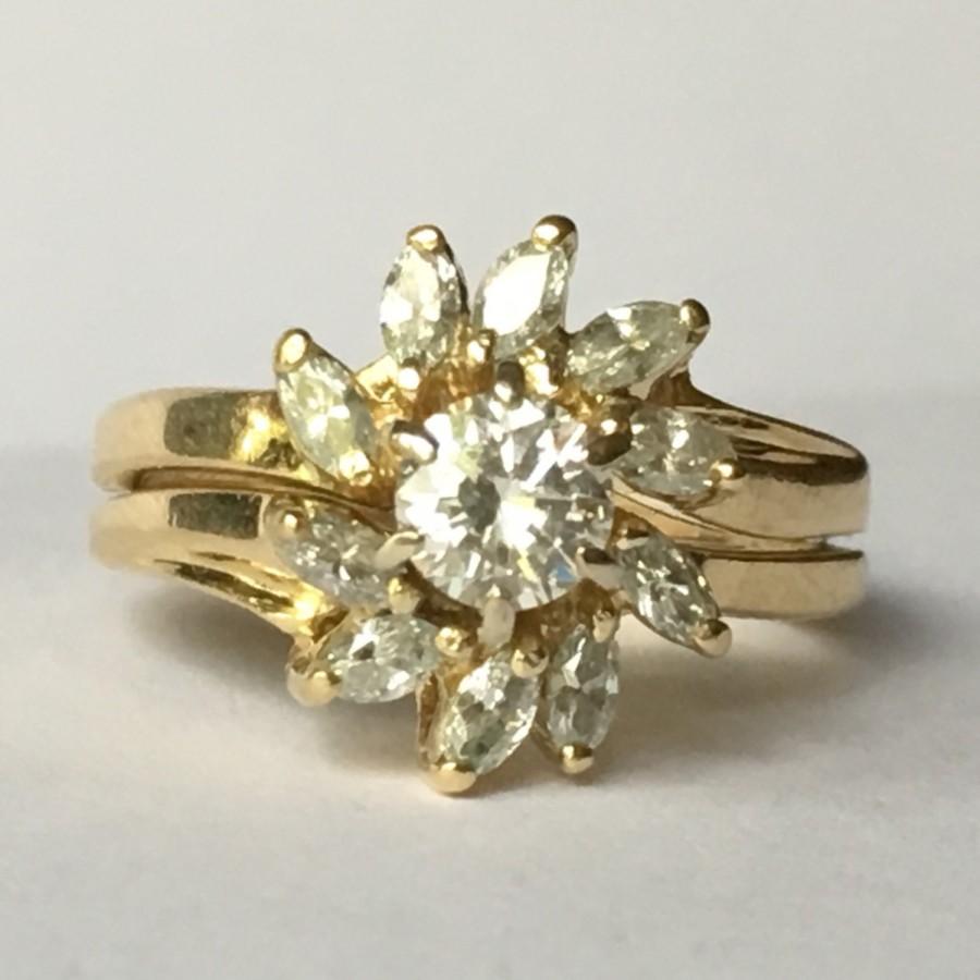 زفاف - Vintage Diamond Cluster Ring. 14K Yellow Gold. 0.80+ Carats. Unique Engagement Ring. April Birthstone. 10 Year Anniversary. Estate Jewelry.