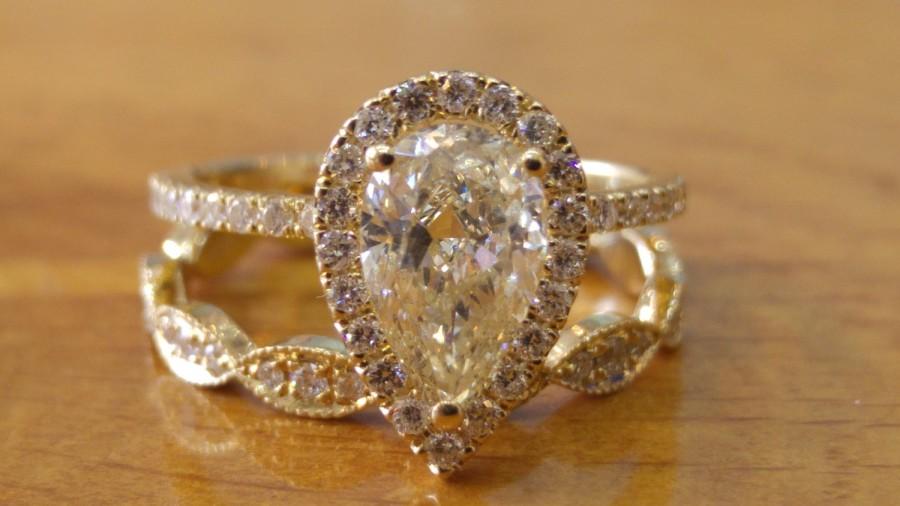 Hochzeit - Diamond Ring Set, Diamond Engagement Rings Set, 14K Yellow Gold, Diamond Engagement Ring, Vintage Halo Ring, Art Deco Engagement