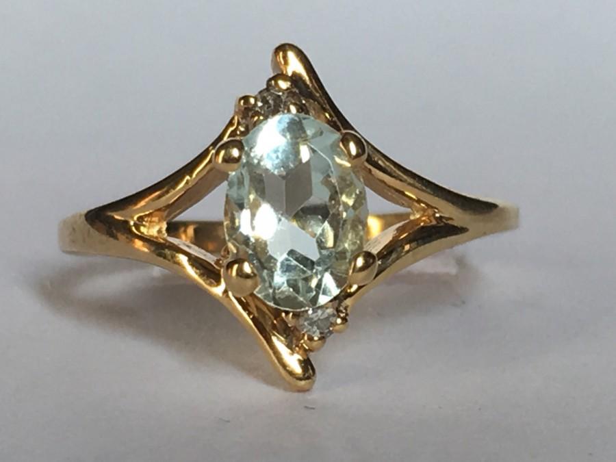 Wedding - Vintage Aquamarine and Diamond Ring. 10k Yellow Gold. Unique Engagement Ring. March Birthstone. 19th Anniversary Gift. Estate Jewelry