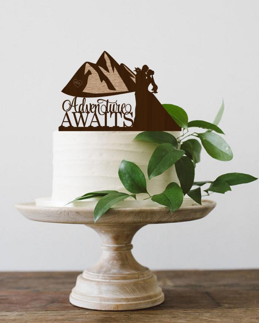 Mariage - Wedding Cake Topper Adventure Awaits  Rustic Wedding Cake Topper Wodden Cake  Topper  Personalized Wood Cake Topper