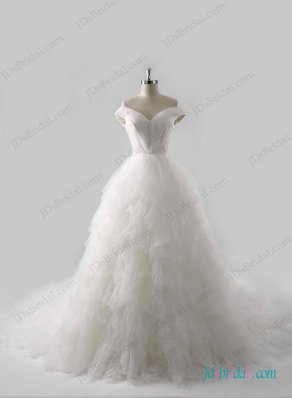 Hochzeit - Unique tulle ruffled ball gown wedding dress with off shoulder