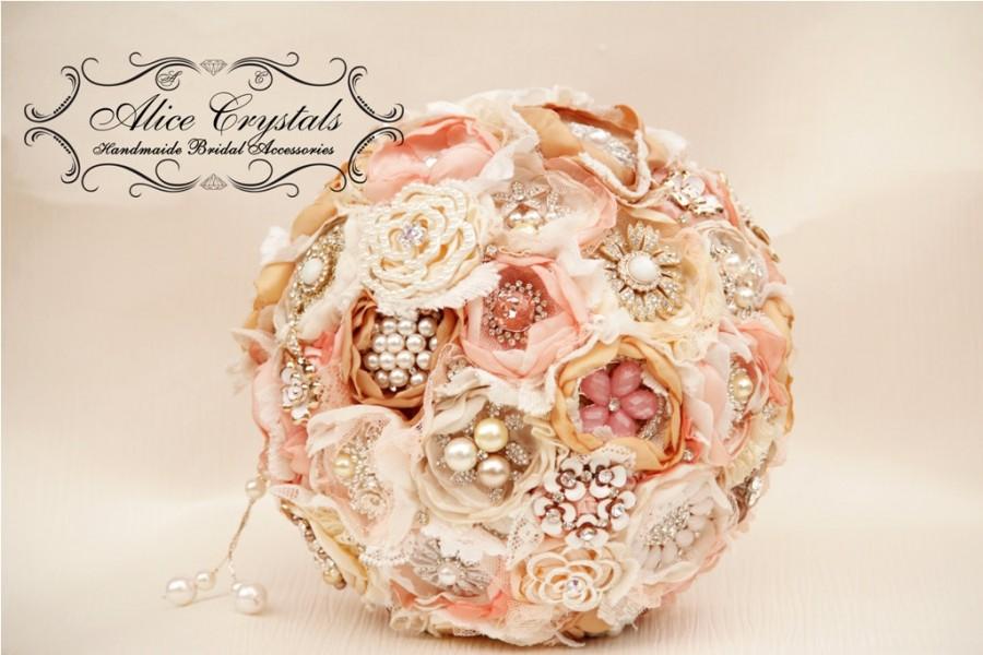 Hochzeit - Brooch bouquet. Shabby Chic bouquet. vintage gold, peach, ivory, pink and lace.