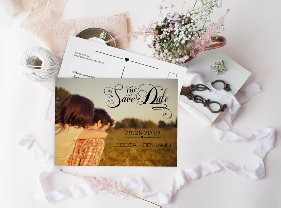 Mariage - Photo Save the Date Postcard, Calligraphy Script & Heart Line, DIY Printable Photo Save the Date Postcard, Custom Save the Dates Photo Card,