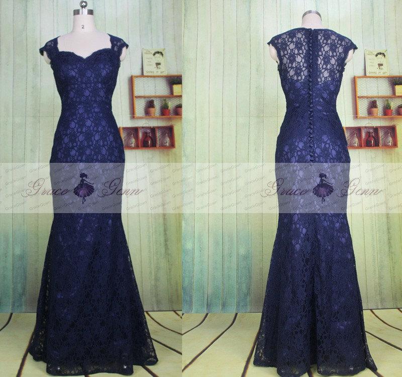Mariage - Navy Bridesmaid Dress Lace,Modest Bridesmaid Dresses,Sexy Mermaid Navy Evening Dresses Gowns,Lace Bridesmaid Prom Dress,Bridesmaid Dresses