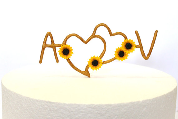 زفاف - Sunflower Initials Cake Topper Personalized,Rustic Heart Cake Topper,Rustic Wedding Cake Topper,Sunflower Wedding, Topper Sunflower Wedding