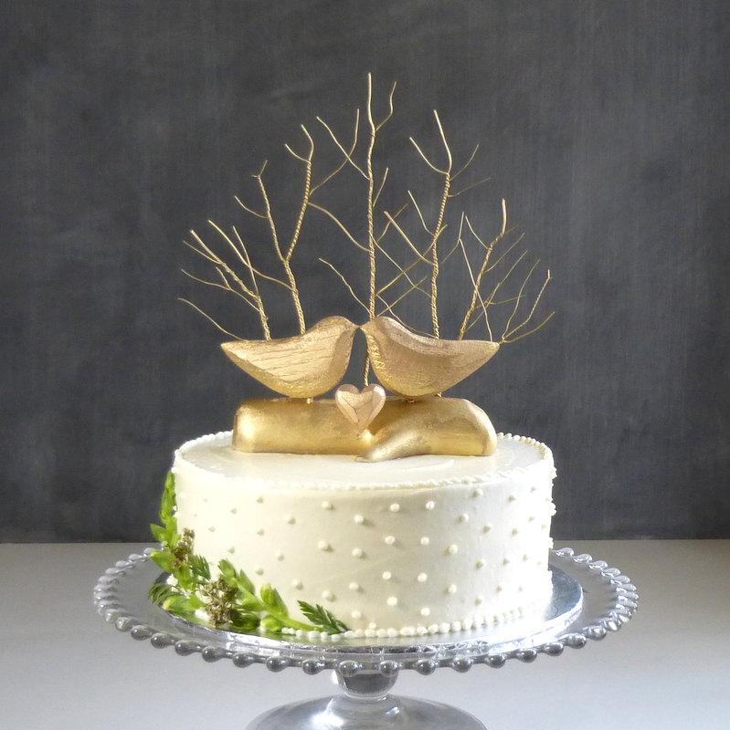 Wedding - Gold Wedding Topper, Gold Cake Topper, Tree Wedding Topper, Love Bird Cake Topper and Gold Wedding Gift/ Wooden Anniversary
