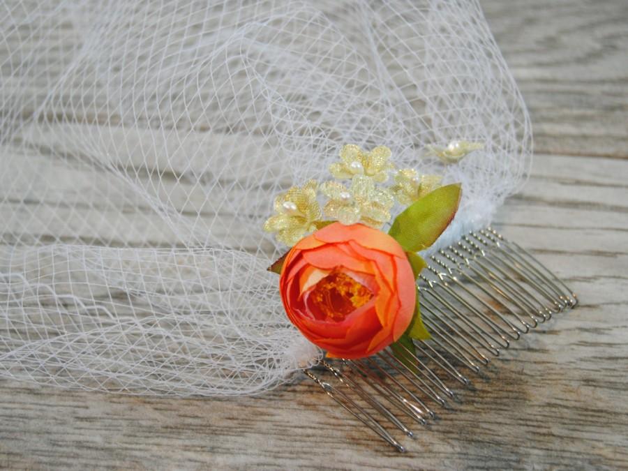 Mariage - Orange Birdcage veil - Gold Birdcage Veil - Birdcage Wedding Veil - Short Floral Veil - Mini Wedding Veil - Orange Bridal Headpiece
