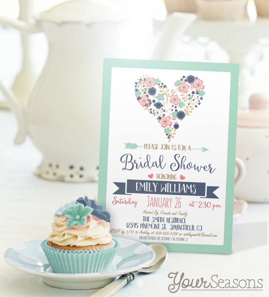 Свадьба - Blue, Pink, Mint Green Bridal Shower Invitation - Personalized Printable DIGITAL FILE