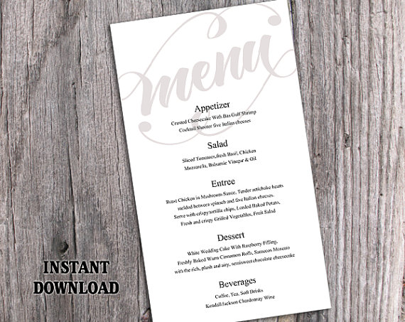 Mariage - Printable Wedding Menu Template DIY Menu Card Template, Script Menu Template, Editable Menu, Gray Black & White Menu Download Editable File