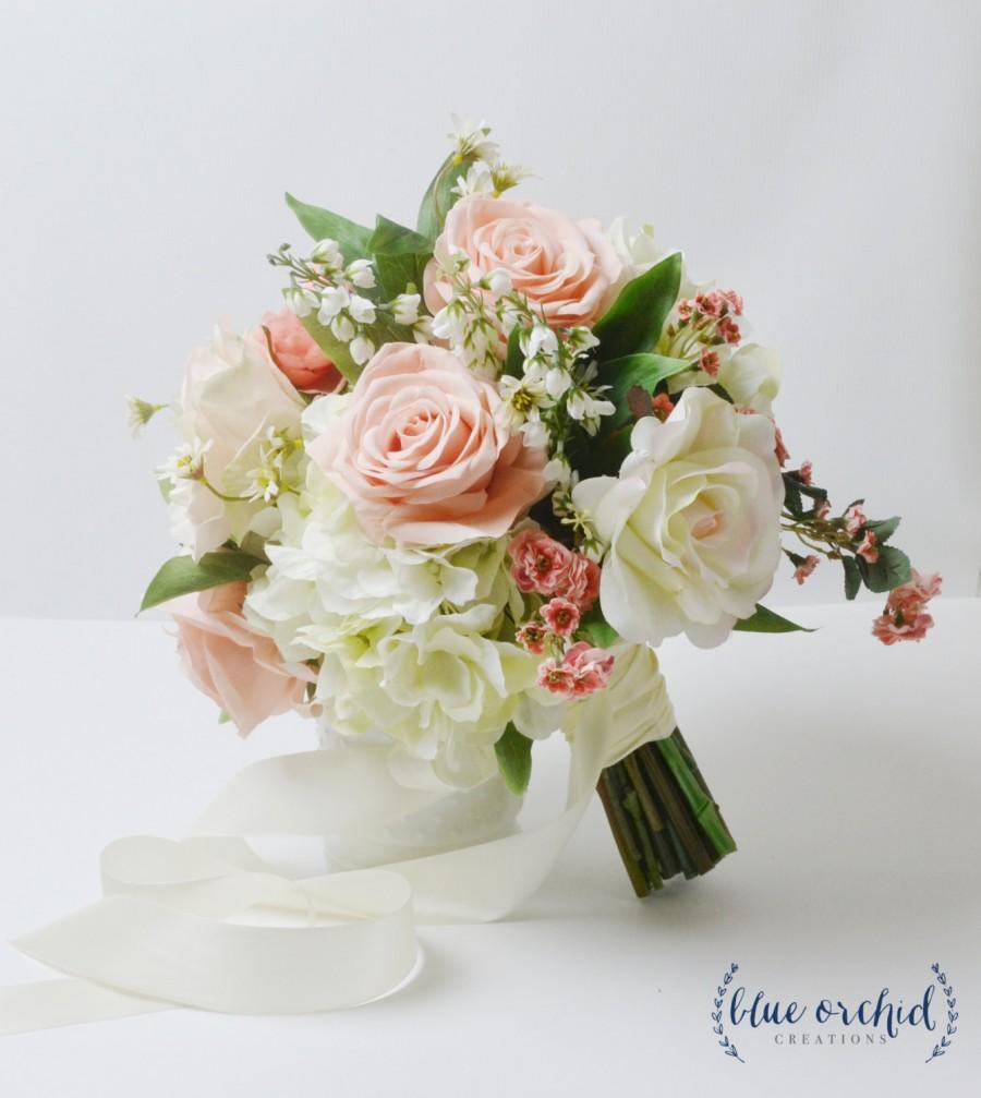 Hochzeit - Peach Wedding Bouquet, Boho Bouquet, Silk Wedding Bouquet, Bouquet, Pink, Blush, Greenery, Silk Flower Bouquet, Bridal Bouquet, Bouquet