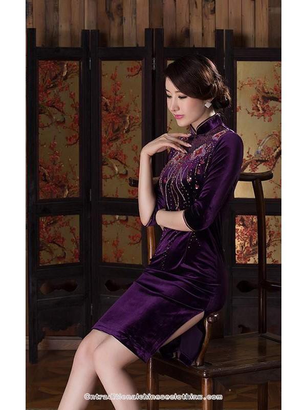 Beaded Floral Embroidered Silk Velvet Purple Cheongsam Dress