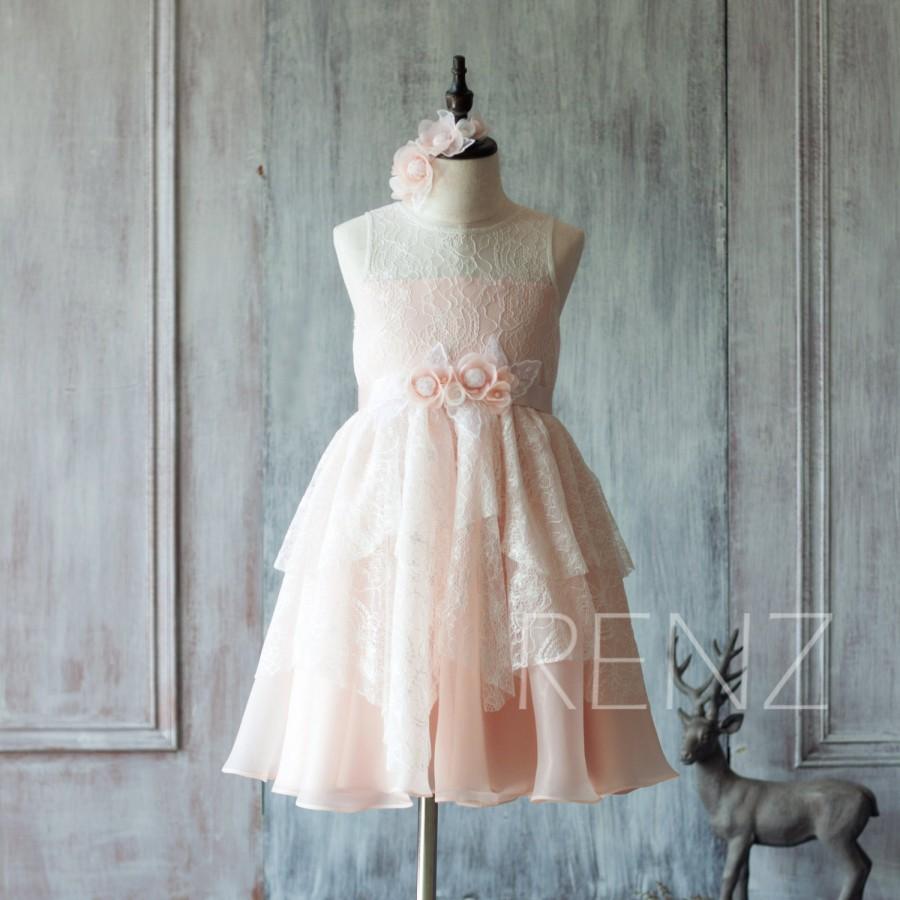 زفاف - 2016 Peach Junior Bridesmaid Dress, Illusion neck Ruffle Flower Girl Dress, Rosette dress, Puffy dress, Floral headdress (HK117)