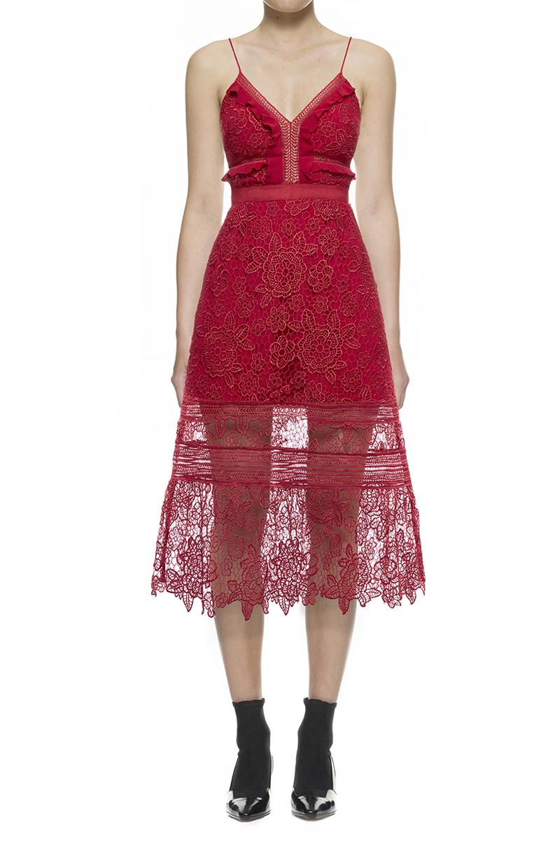 Hochzeit - Self-Portrait Floral Blush Midi Dress In Raspberry Red