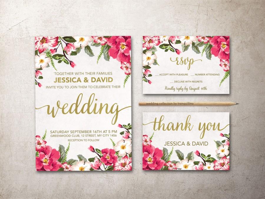 Hochzeit - Floral Wedding Invitation, Printable Wedding Invitation Suite, Pink & Gold Boho Wedding Invitation Set, Spring Summer Wedding Invite