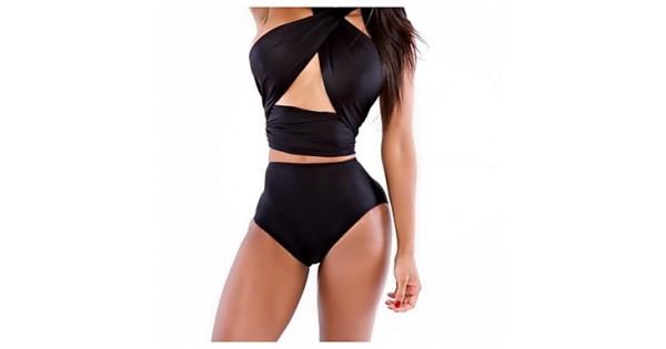 Mariage - 2015 New Bathing suit Sexy Black High Waist Halter Backless Polyester Plus Size Bandage Swimwear Australia Bikini Australia Sets For Women