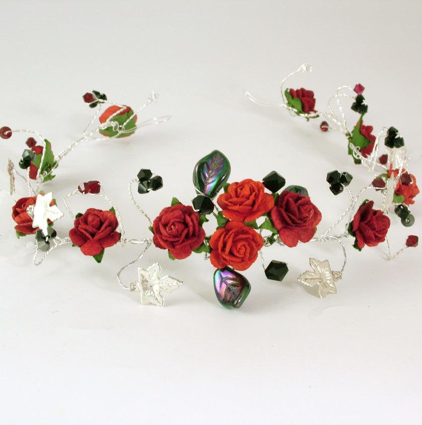 Wedding - Red rose and silver ivy Goth style wedding hair vine,tiara with black and red Swarovski crystals. Handmade Gothic wedding hair accessories