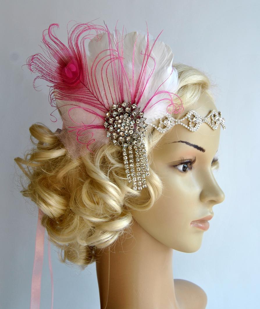 Hochzeit - Rhinestone Flapper headband Pink,1920's flapper Headpiece, The Great Gatsby, rhinestones headband, vintage rhinestone brooch, silver black
