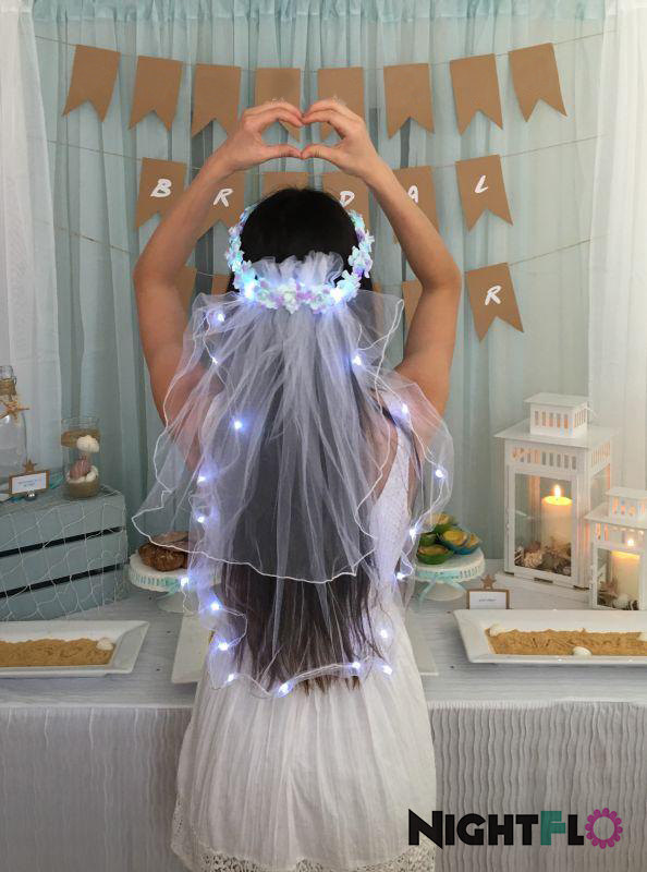 زفاف - Turquoise Swirl Rose NightFlo w/ Light Up Veil for Wedding & Bachelorette Parties