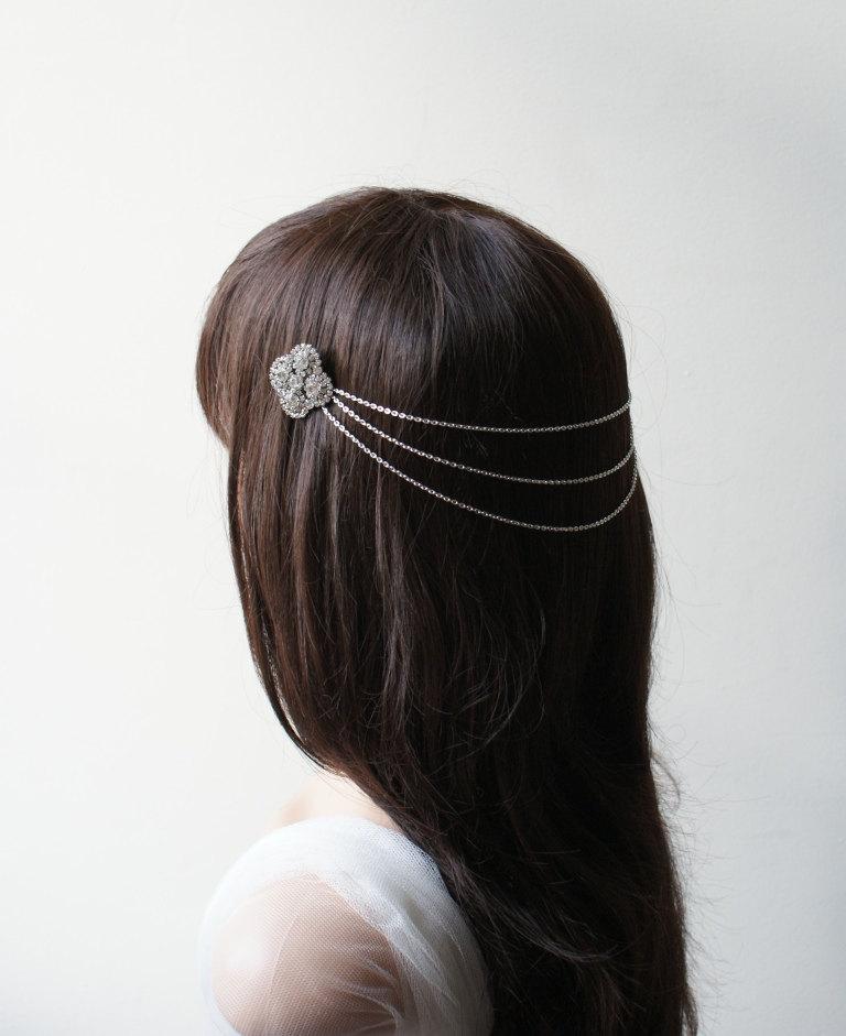 زفاف - Silver Wedding Headpiece -  Bridal Hair Jewellery with drapes - Chain Headpiece - UK