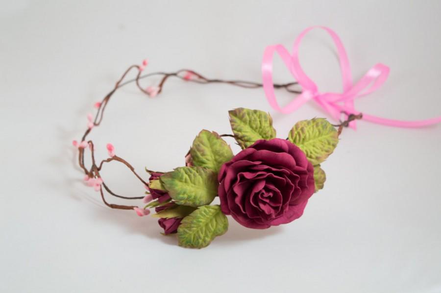 Mariage - The flower wreath dark red rose gift for girl women wedding hair band accessories foam couronne fleur boho trends rustic wedding  bohemian