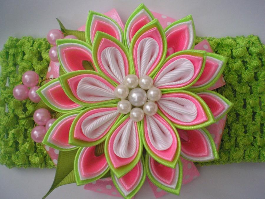 زفاف - Headband with kanzashi flower elastic band fabric flower brightly pink and lime satin ribbon kanzashi gift for girls  first birthday