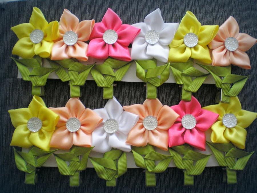 Wedding - Hair clip pink kanzashi Accessories gift for girls birthday satin ribbon
