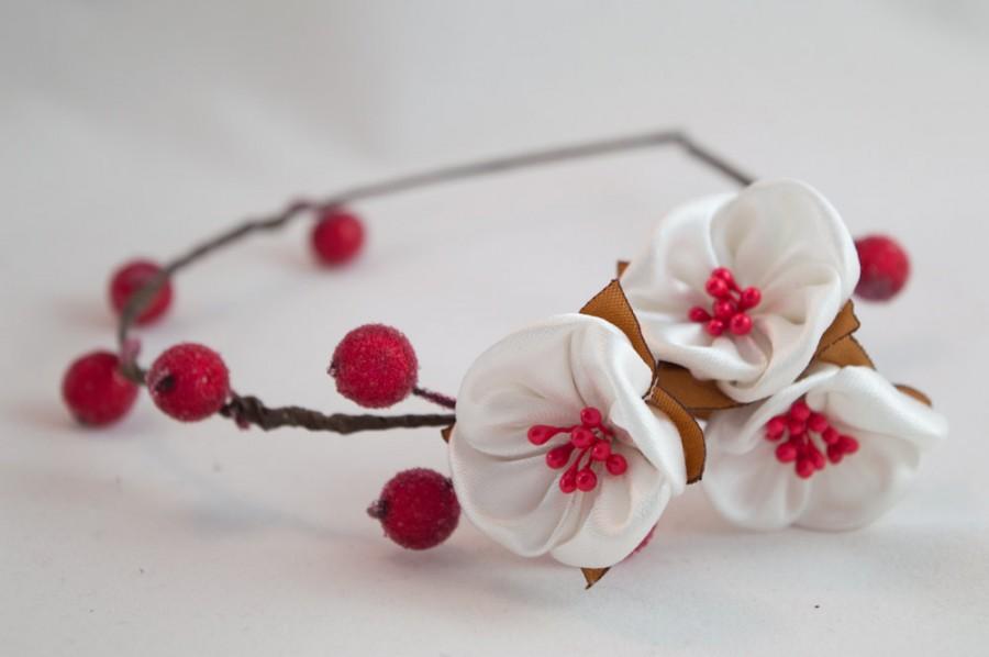 Wedding - Hair band rim in Ukrainian style berries white kanzashi flowers wedding accessories gift for girl woman for a photo shoot rustic wedding