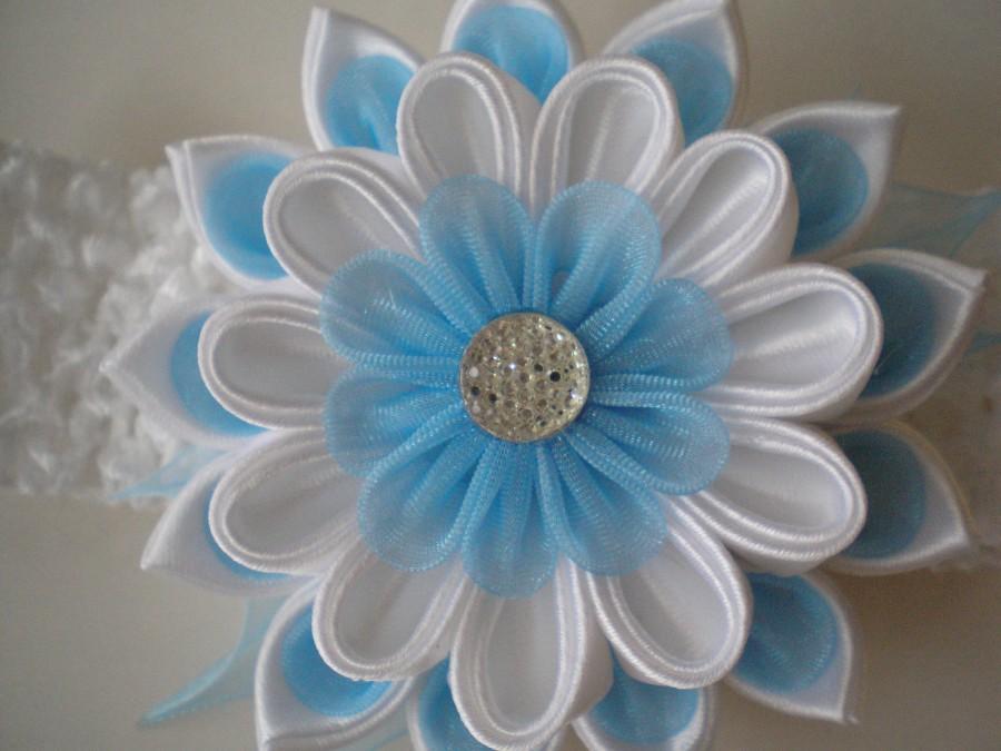 Wedding - Headband, kanzashi flower elastic band fabric flower white and  blue made of satin and organza ribbon gift for girls first birthday