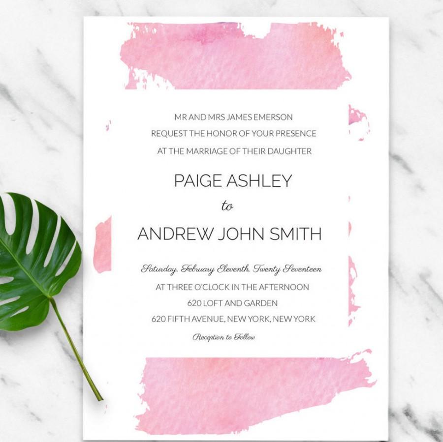 Свадьба - Light Pink Watercolor Splash Modern Invitation Download DIY Wedding Suite Editable PDF Template