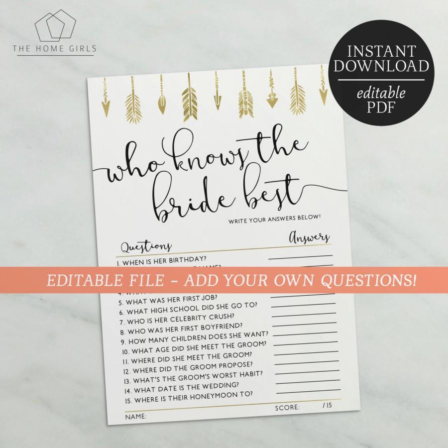 Hochzeit - Who Knows The Bride Best Editable Game / How Well Do You Know The Bride Editable / Bride Tribe / Bachelorette Hens Games / Gold / Arrows