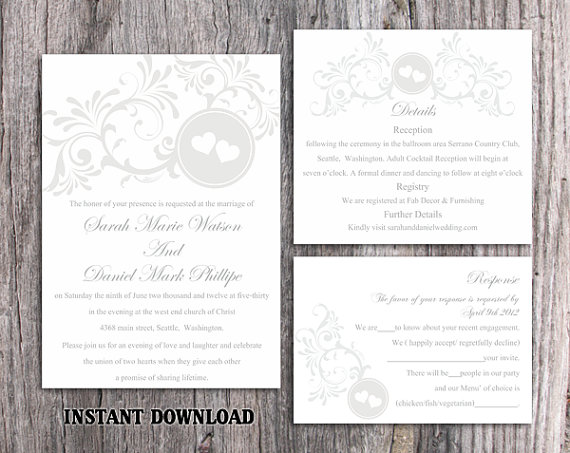 Hochzeit - DIY Wedding Invitation Template Set Editable Word File Instant Download Printable Silver Invitation Gray Wedding Invitation Heart Invitation