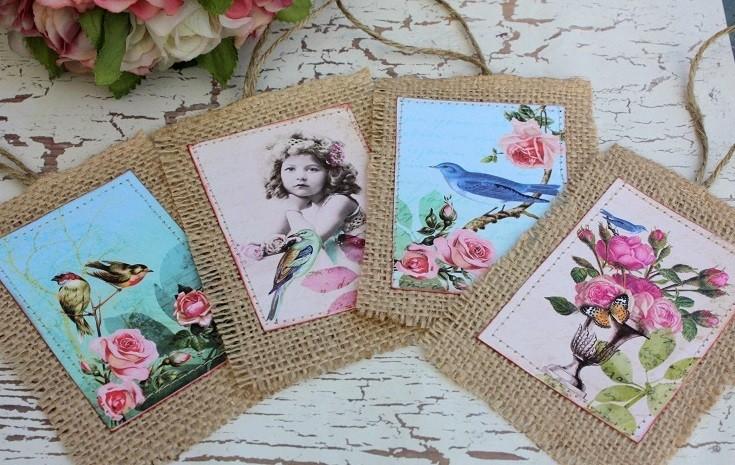 Mariage - Birds and roses-hang tags,burlap,shabby chic,cottage