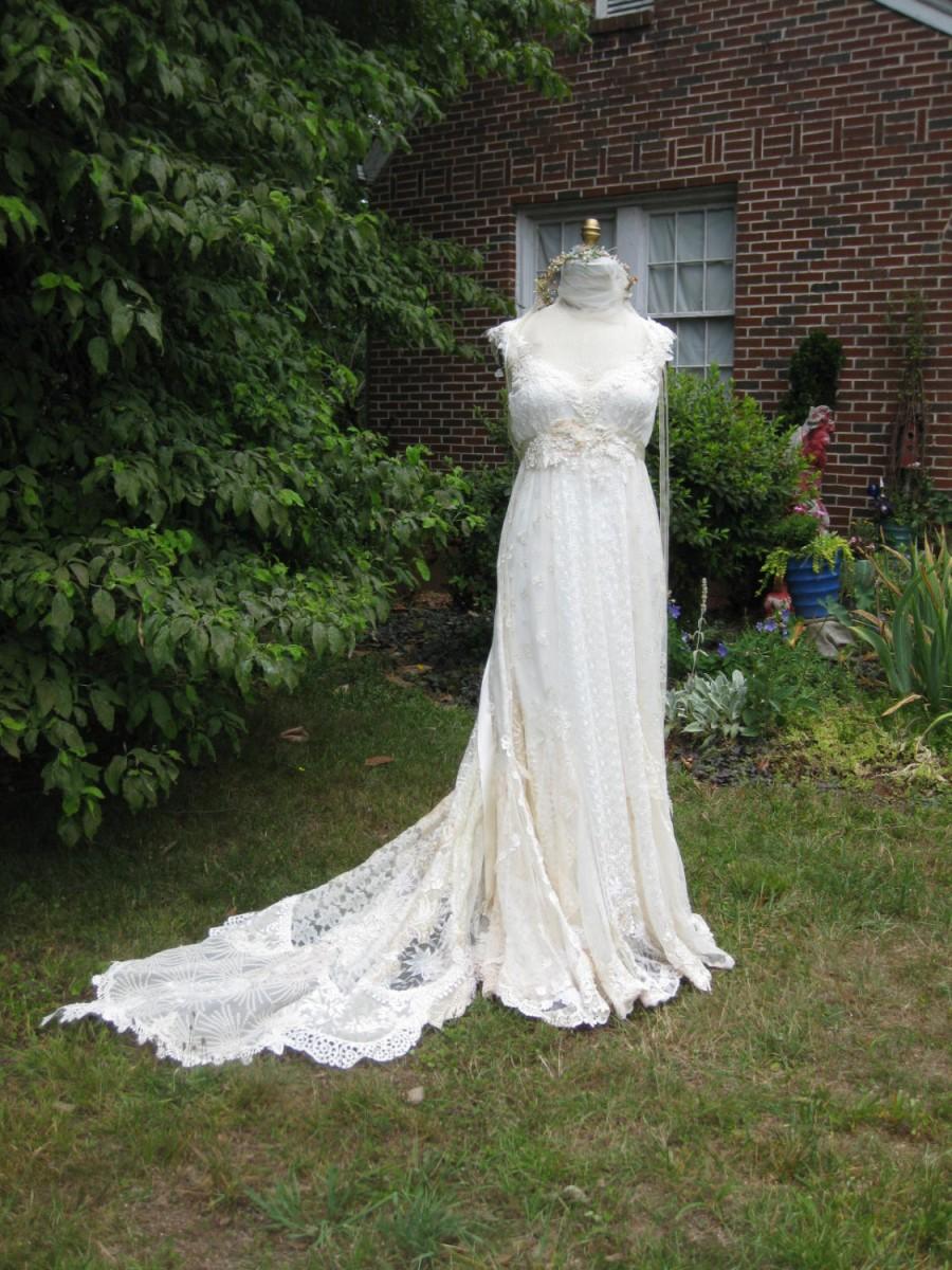 Wedding - Hippie Lace Collage Wedding Gown with train and beaded neckline made to order