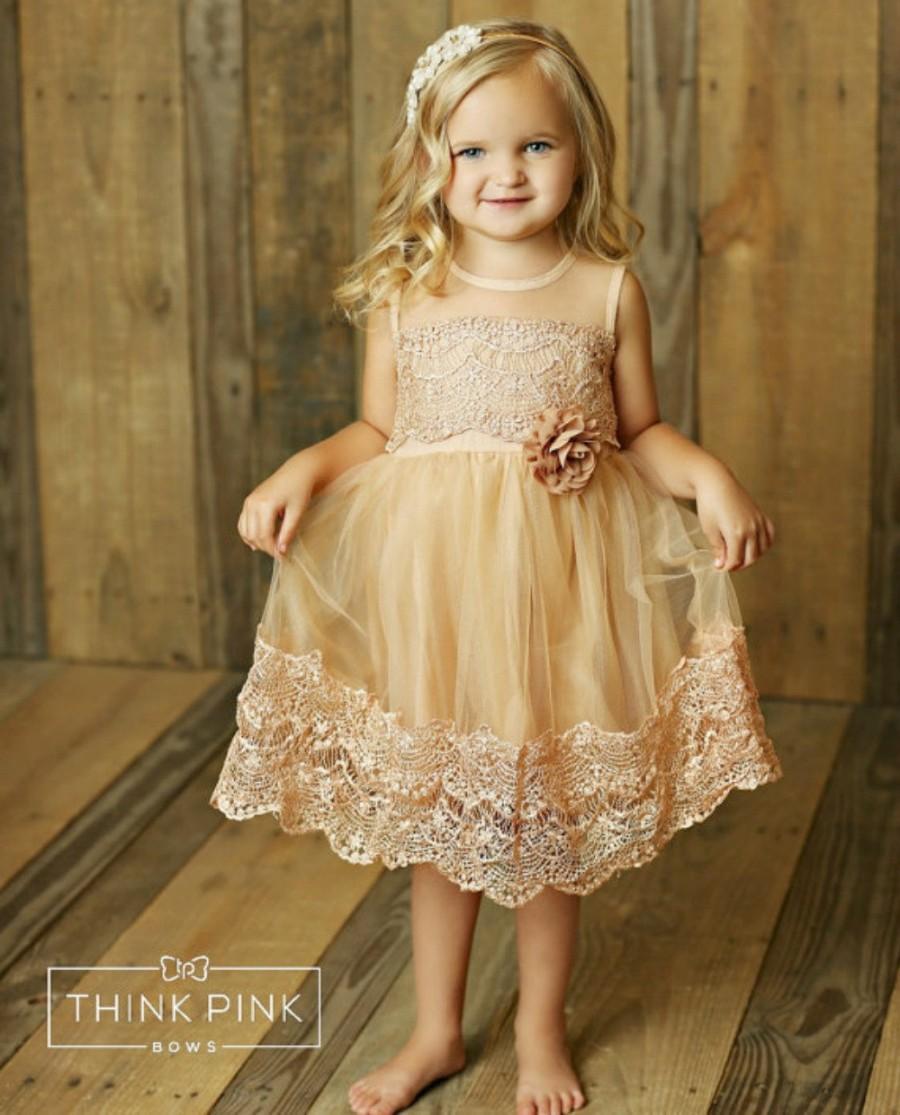 Wedding - Flower girl dress, lace flower girl dress, country flower girl dress, rustic flower girl dress, baby dress, champagne lace dress, girl dress