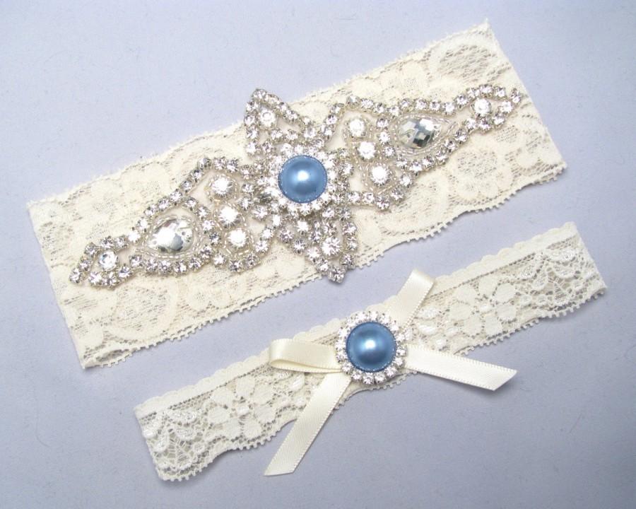 Mariage - Something Blue Bridal Garter Set, Crystal Rhinestone Pearl Keepsake / Toss Garters, Ivory / White Stretch Lace Wedding Garter, Light Blue