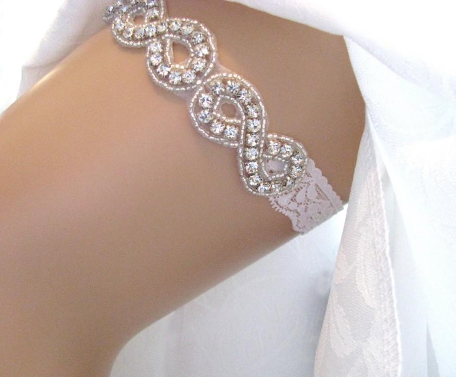 زفاف - Crystal Rhinestone Bridal Garter, Infinity Symbol White or Ivory Lace Wedding Garter, Keepsake and Toss Garter, Love Forever Bridal Boutique
