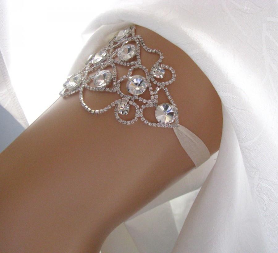 Hochzeit - Crystal Wedding Garter Set, Rhinestone Bridal Garter, Keepsake Heirloom Ivory White Couture Garter, Silver Custom Garter