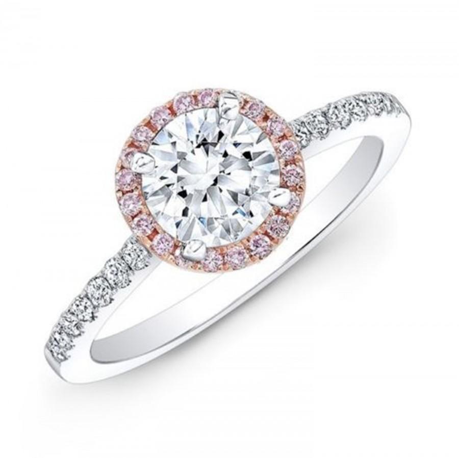 Hochzeit - 2.30 Ct SIMULATED DIAMOND Round Cut Engagement Ring Halo 14k White and Rose Gold Bridal Band